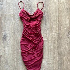 Oh Polly Ruched Bodycon Wine Dress